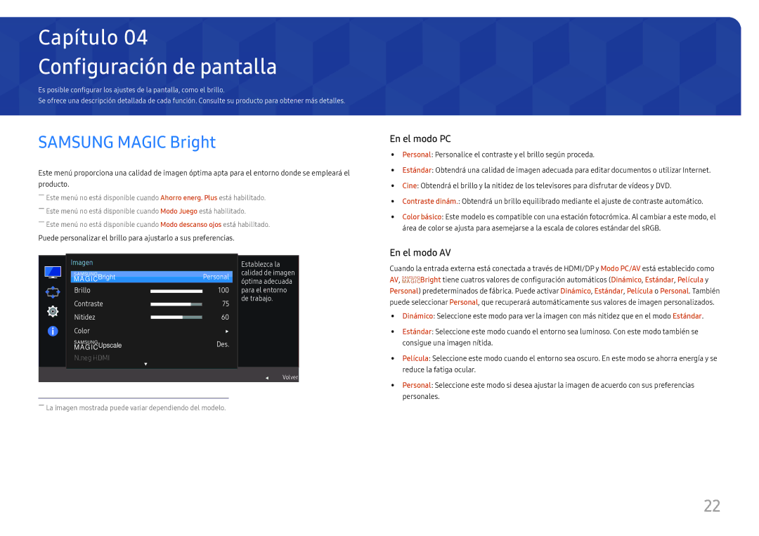 Samsung LC27H580FDUXEN manual Configuración de pantalla, Samsung Magic Bright 