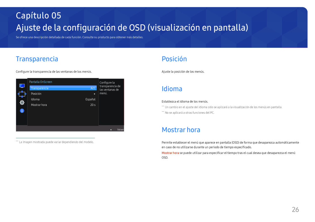 Samsung LC27H580FDUXEN manual Ajuste de la configuración de OSD visualización en pantalla, Transparencia, Posición, Idioma 