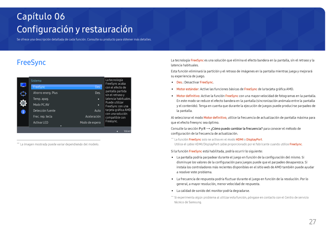 Samsung LC27H580FDUXEN manual Configuración y restauración, FreeSync 