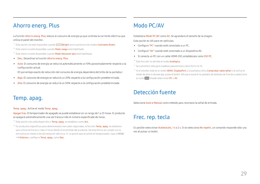 Samsung LC27H580FDUXEN manual Ahorro energ. Plus, Temp. apag, Modo PC/AV, Detección fuente, Frec. rep. tecla 
