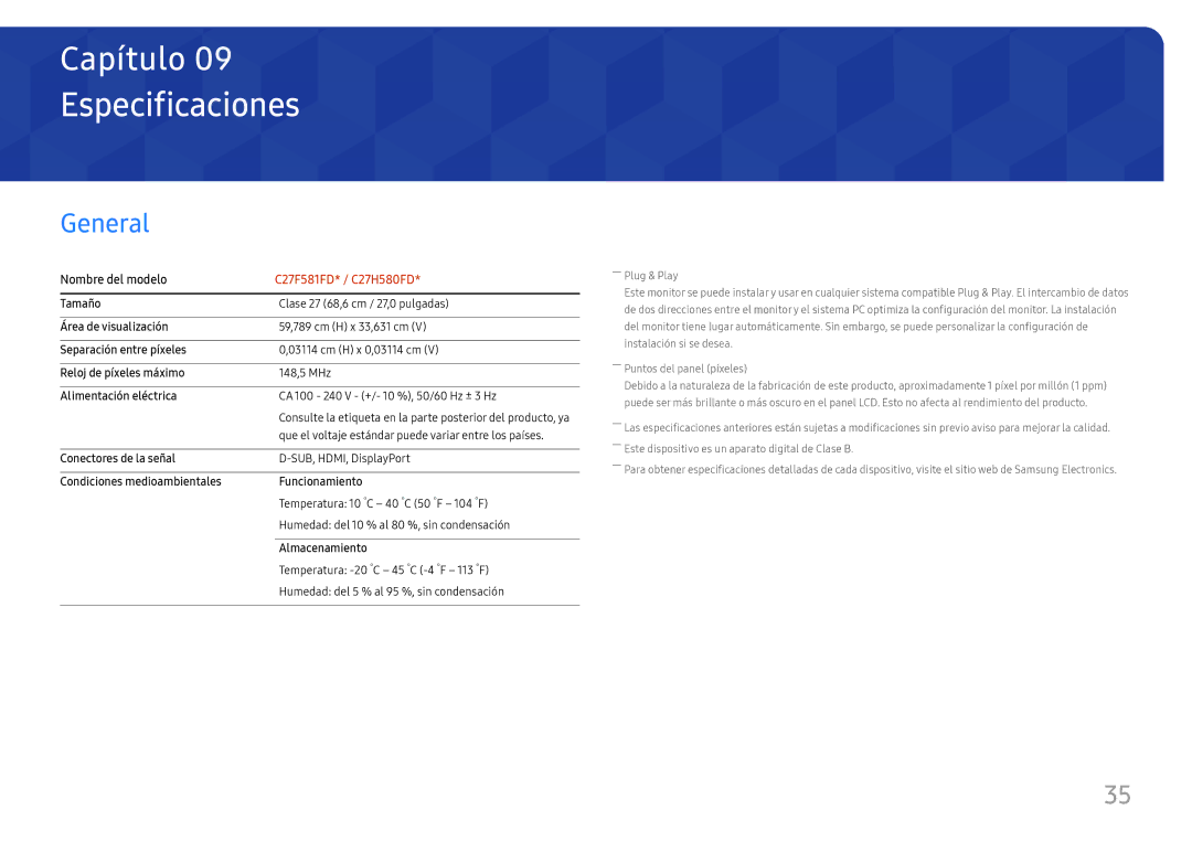 Samsung LC27H580FDUXEN manual Especificaciones, General 