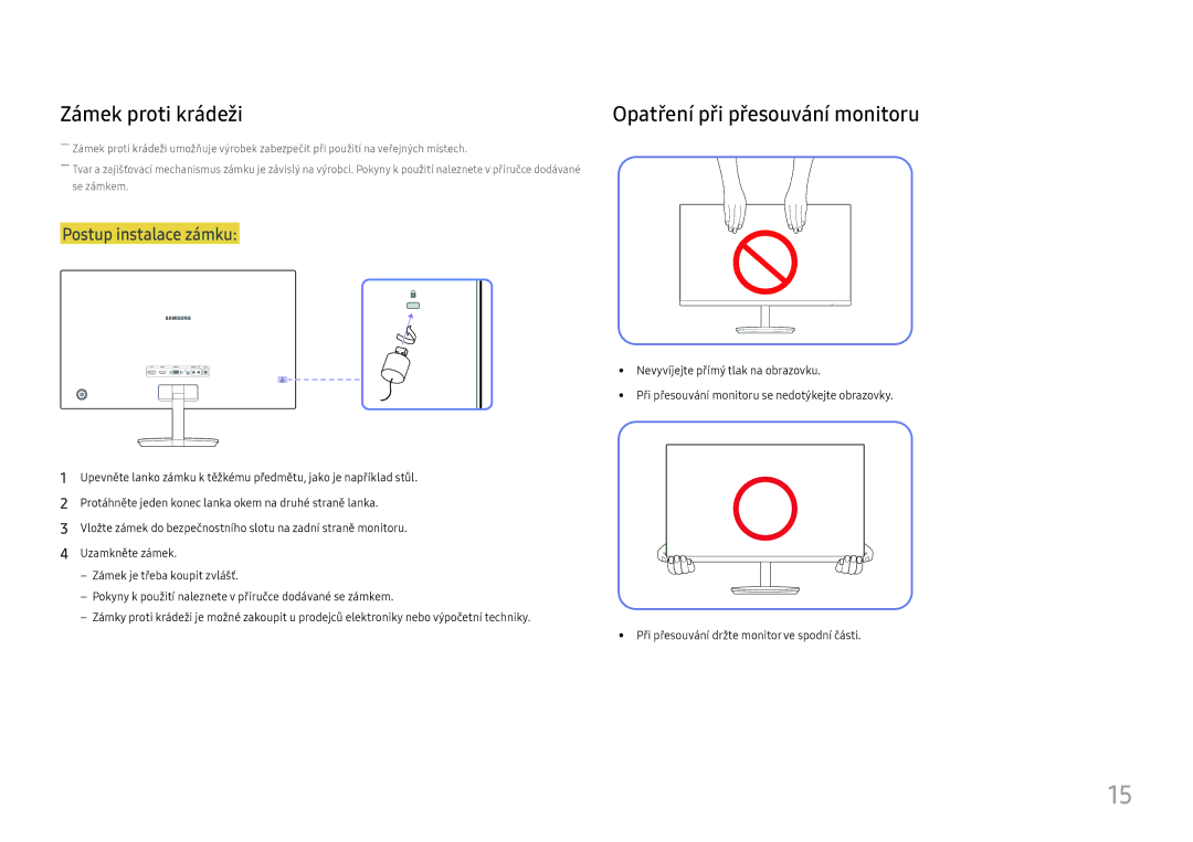 Samsung LC27H580FDUXEN manual Zámek proti krádeži, Opatření při přesouvání monitoru 