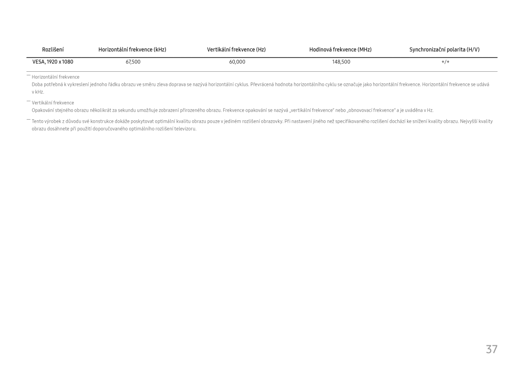 Samsung LC27H580FDUXEN manual Vertikální frekvence Hz Hodinová frekvence MHz, Synchronizační polarita H/V 