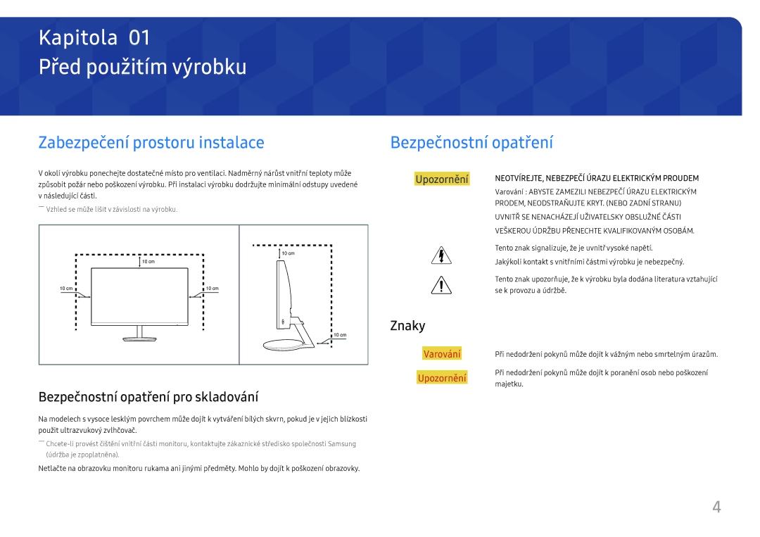 Samsung LC27H580FDUXEN manual Před použitím výrobku, Zabezpečení prostoru instalace, Bezpečnostní opatření, Znaky 