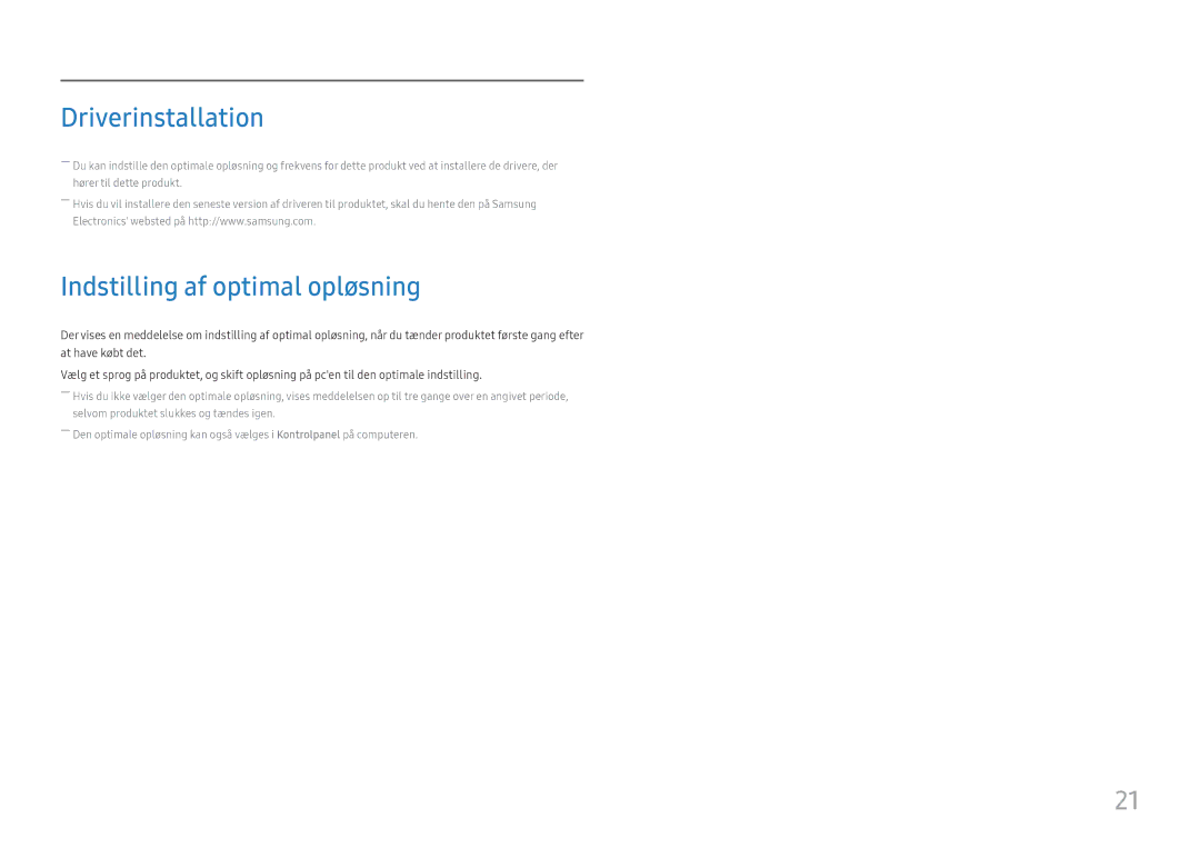 Samsung LC27H580FDUXEN manual Driverinstallation, Indstilling af optimal opløsning 