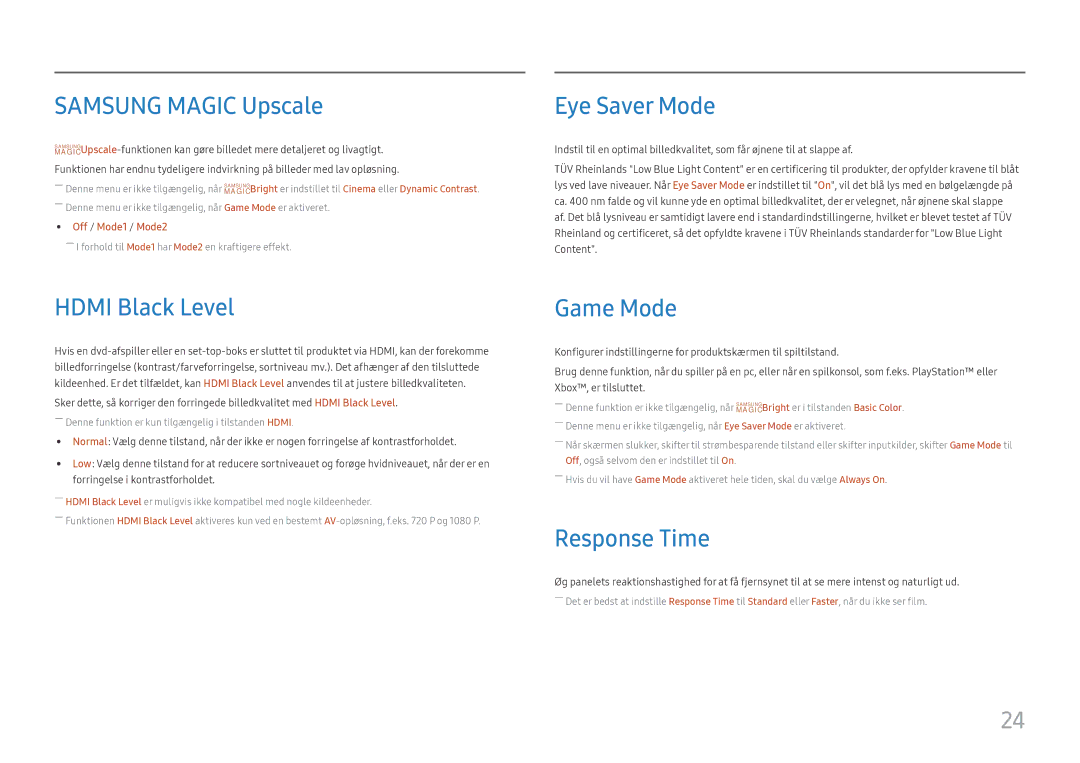 Samsung LC27H580FDUXEN manual Samsung Magic Upscale, Hdmi Black Level, Eye Saver Mode, Game Mode, Response Time 