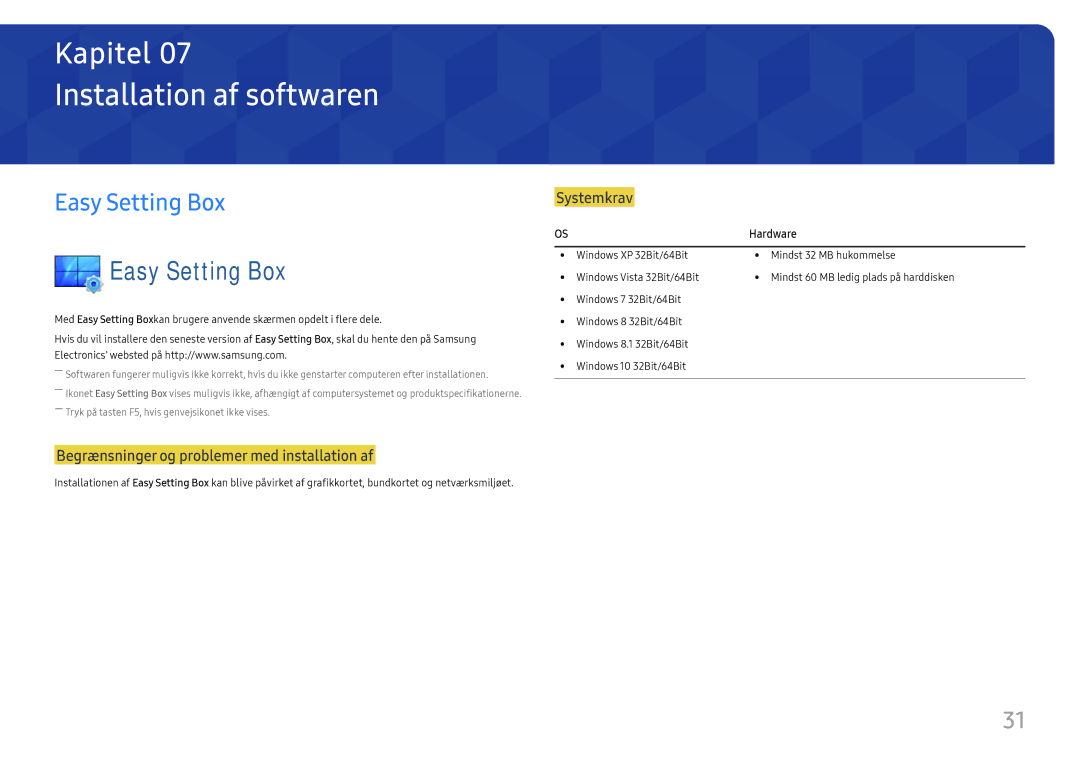 Samsung LC27H580FDUXEN manual Installation af softwaren, Easy Setting Box, Hardware 