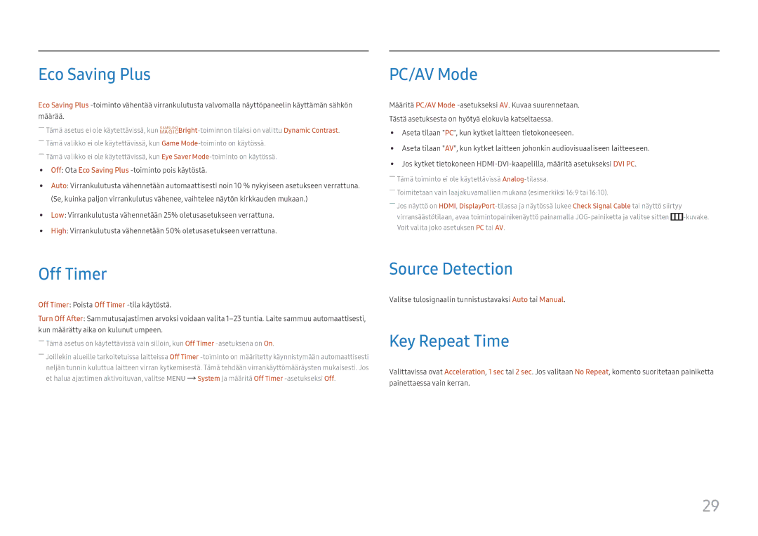 Samsung LC27H580FDUXEN manual Eco Saving Plus, PC/AV Mode, Off Timer, Source Detection, Key Repeat Time 