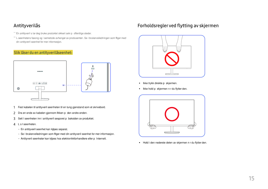 Samsung LC27H580FDUXEN manual Antityverilås, Forholdsregler ved flytting av skjermen 