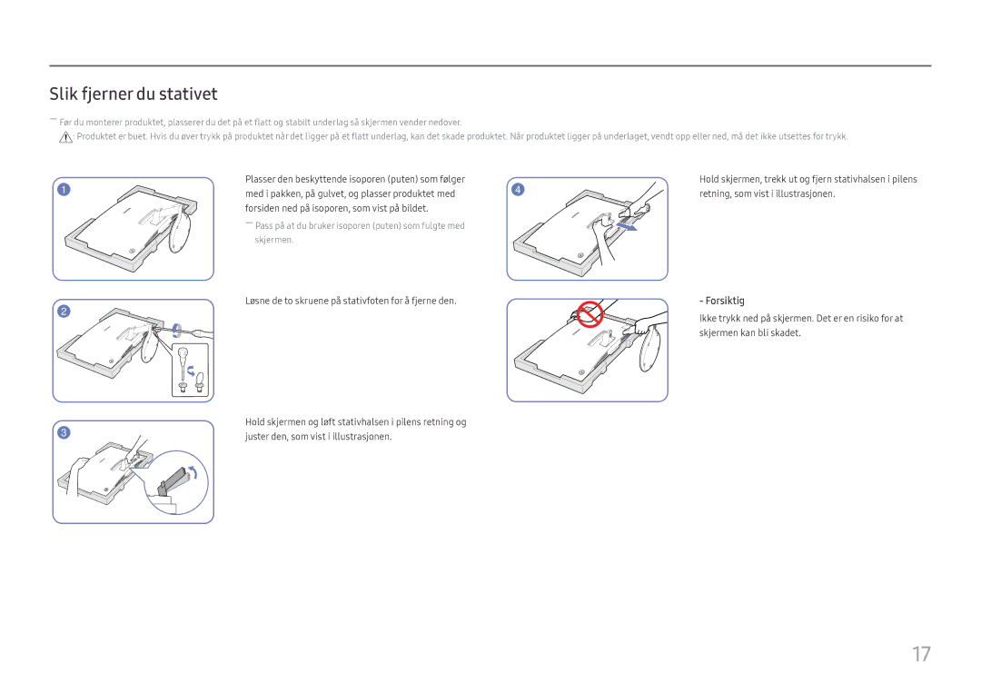 Samsung LC27H580FDUXEN manual Slik fjerner du stativet, Løsne de to skruene på stativfoten for å fjerne den 