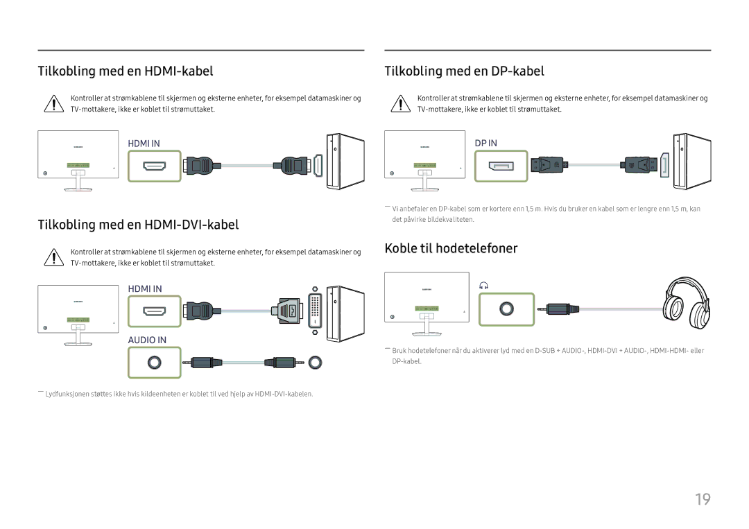 Samsung LC27H580FDUXEN manual Tilkobling med en HDMI-kabel, Tilkobling med en HDMI-DVI-kabel, Koble til hodetelefoner 