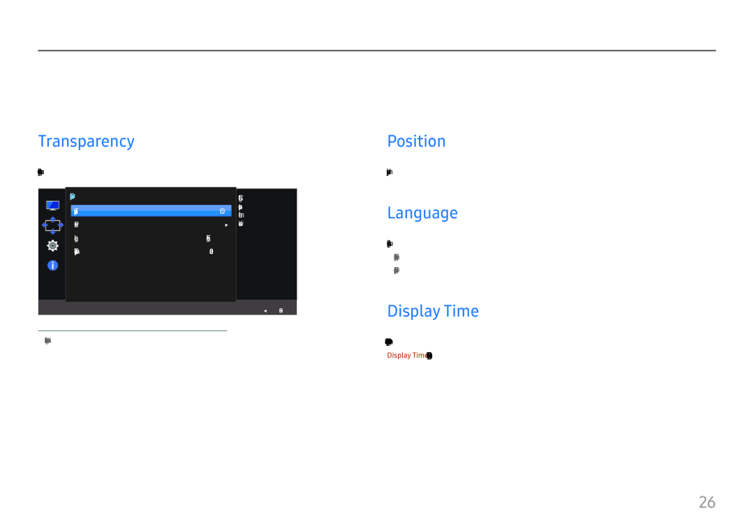 Samsung LC27H580FDUXEN manual Justere innstillingene for OSD skjermmenyen, Transparency, Position, Language, Display Time 