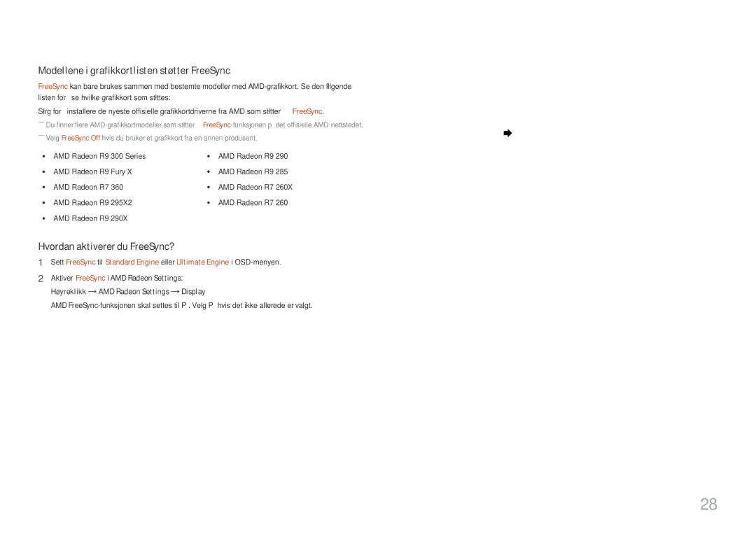Samsung LC27H580FDUXEN manual Modellene i grafikkortlisten støtter FreeSync 