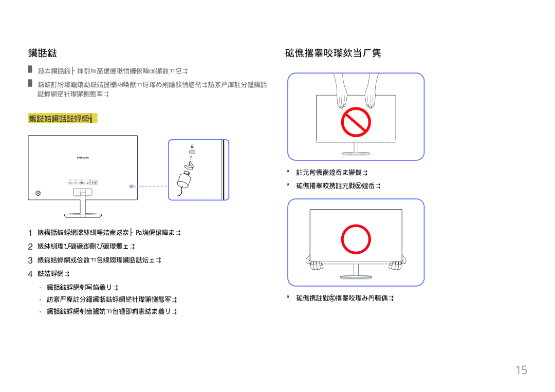 Samsung LC27H580FDUXEN manual 防盗锁, 移动显示器的注意事项 