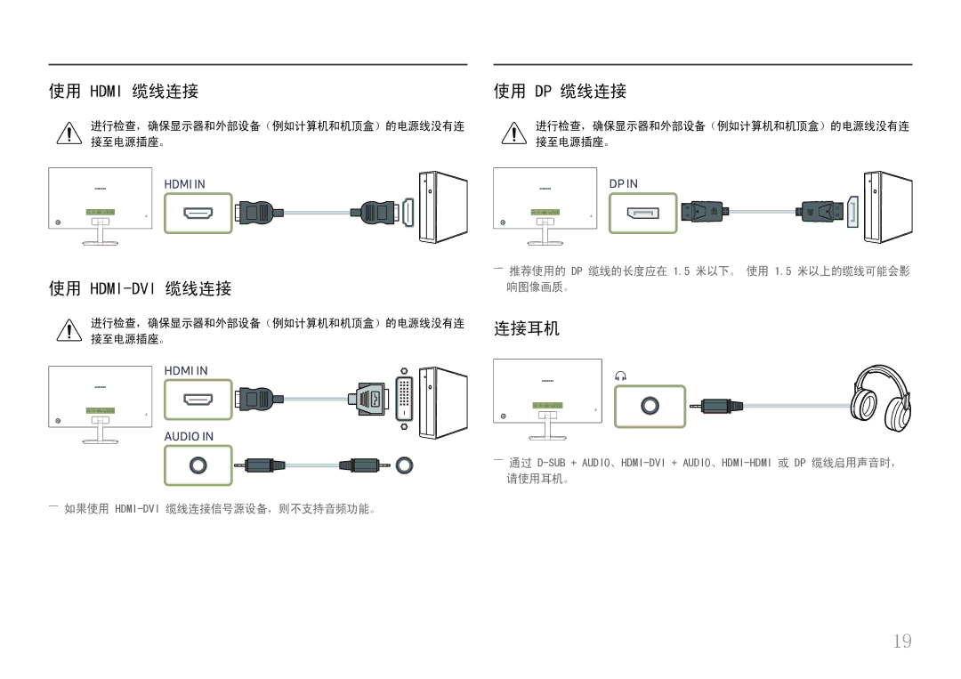 Samsung LC27H580FDUXEN manual 使用 Hdmi 缆线连接, 使用 Dp 缆线连接, 连接耳机 