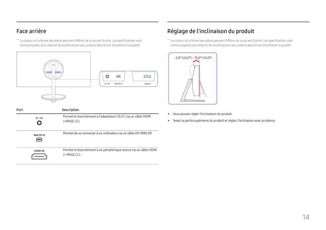 Samsung LC27H711QEUXEN, LC32H711QEUXEN manual Face arrière, Réglage de linclinaison du produit 