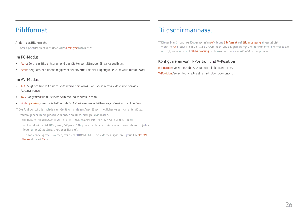 Samsung LC27H711QEUXEN, LC32H711QEUXEN manual Bildformat, Bildschirmanpass 