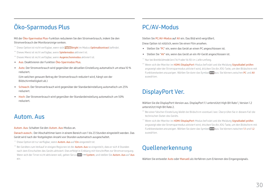 Samsung LC27H711QEUXEN, LC32H711QEUXEN manual Öko-Sparmodus Plus, Autom. Aus, PC/AV-Modus, DisplayPort Ver, Quellenerkennung 