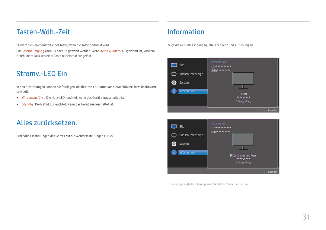 Samsung LC32H711QEUXEN, LC27H711QEUXEN manual Tasten-Wdh.-Zeit, Information, Stromv.-LED Ein, Alles zurücksetzen 