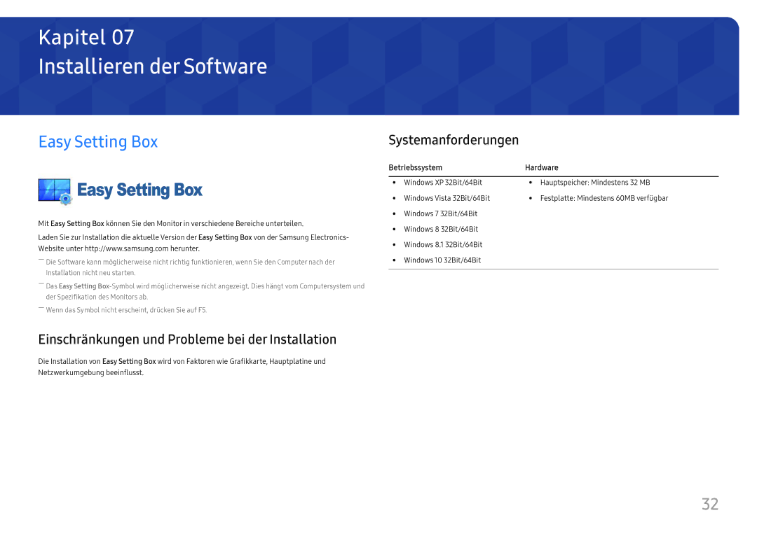 Samsung LC27H711QEUXEN Installieren der Software, Easy Setting Box, Einschränkungen und Probleme bei der Installation 