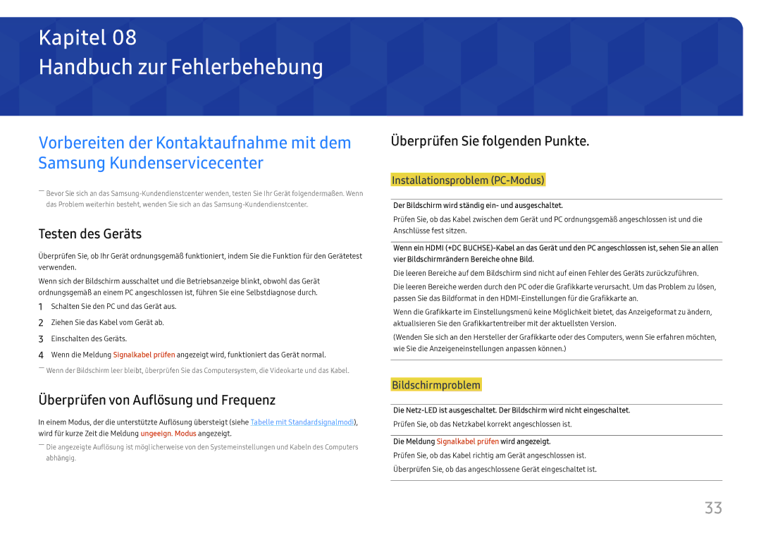 Samsung LC32H711QEUXEN manual Handbuch zur Fehlerbehebung, Testen des Geräts, Überprüfen von Auflösung und Frequenz 