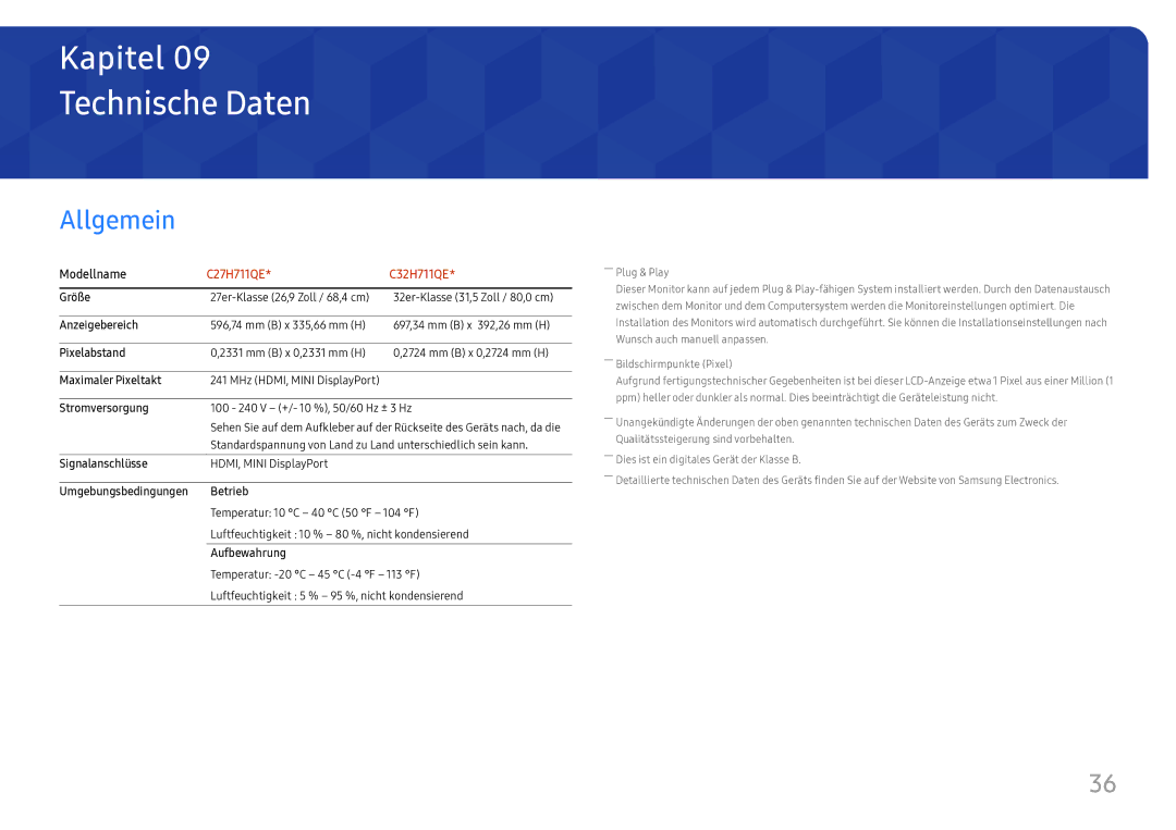 Samsung LC27H711QEUXEN, LC32H711QEUXEN manual Technische Daten, Allgemein 