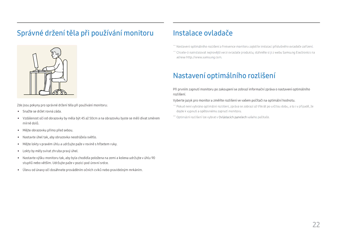 Samsung LC27H711QEUXEN Správné držení těla při používání monitoru, Instalace ovladače, Nastavení optimálního rozlišení 