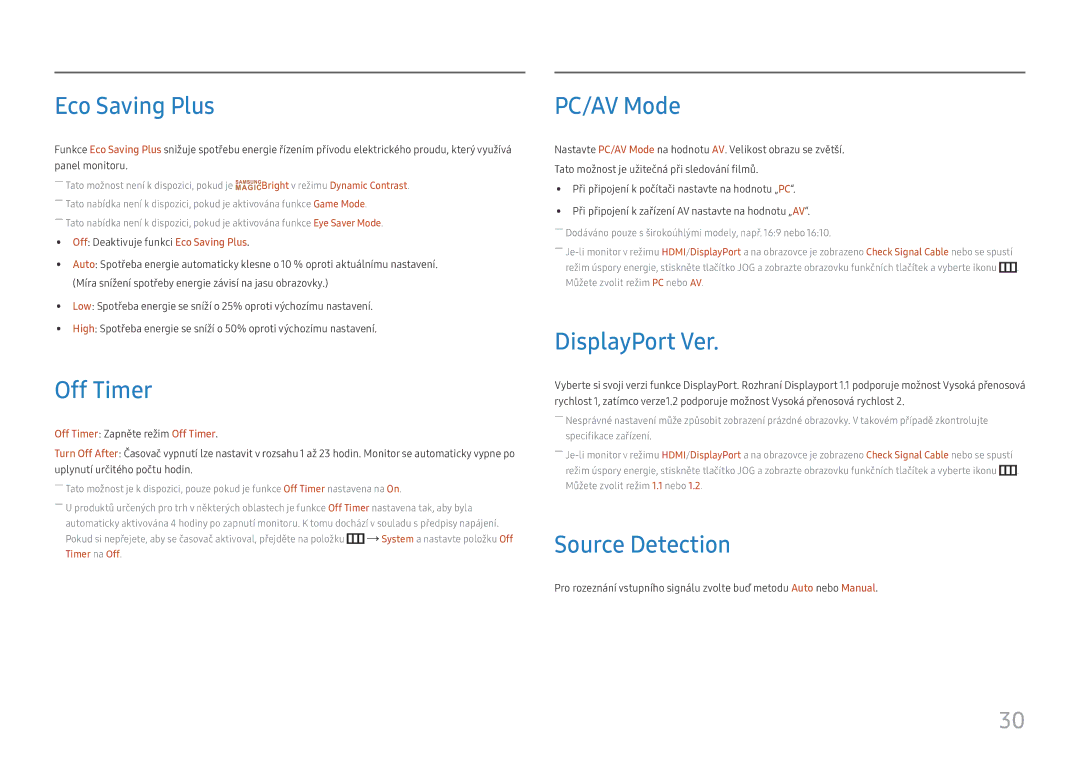 Samsung LC27H711QEUXEN, LC32H711QEUXEN manual Eco Saving Plus, Off Timer, PC/AV Mode, DisplayPort Ver, Source Detection 