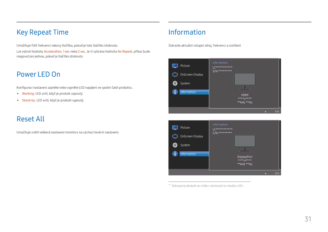 Samsung LC32H711QEUXEN, LC27H711QEUXEN manual Key Repeat Time, Information, Power LED On, Reset All 
