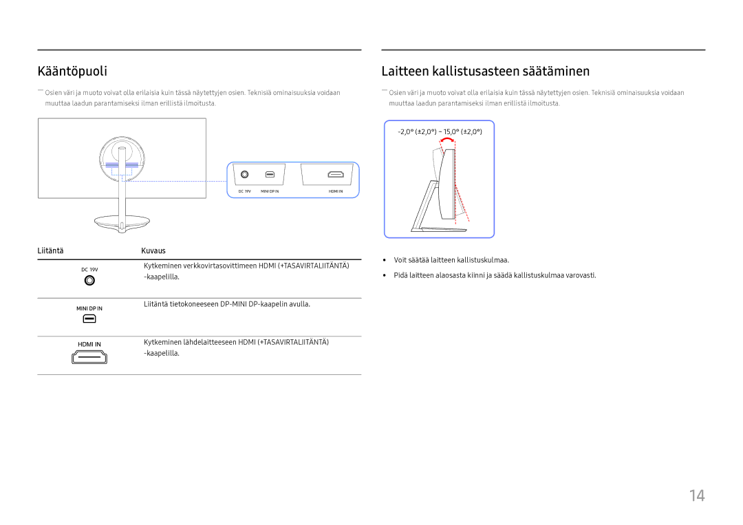 Samsung LC27H711QEUXEN, LC32H711QEUXEN manual Kääntöpuoli, Laitteen kallistusasteen säätäminen 