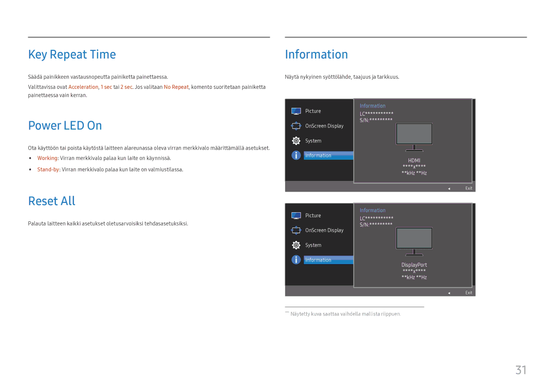 Samsung LC32H711QEUXEN, LC27H711QEUXEN manual Key Repeat Time, Information, Power LED On, Reset All 