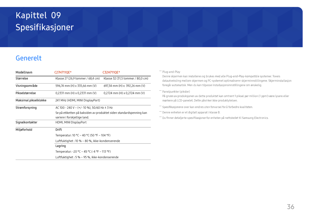 Samsung LC27H711QEUXEN, LC32H711QEUXEN manual Spesifikasjoner, Generelt 