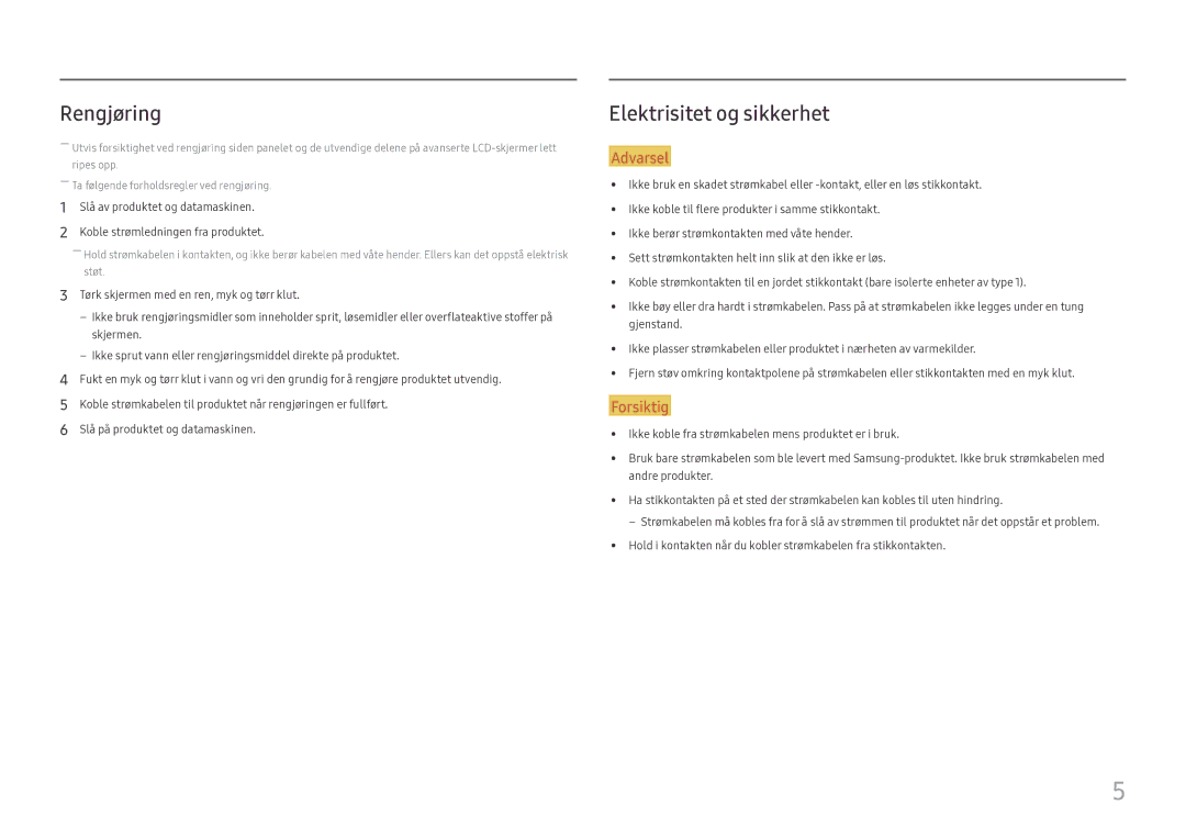 Samsung LC32H711QEUXEN, LC27H711QEUXEN manual Rengjøring, Elektrisitet og sikkerhet 