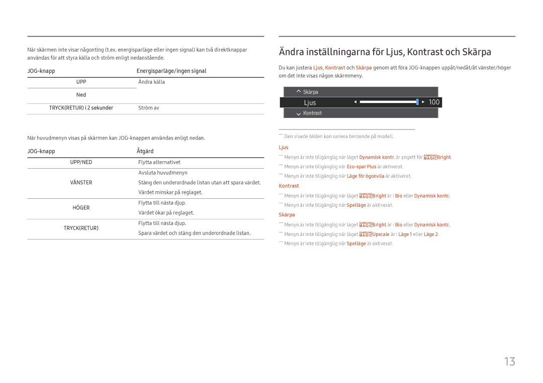 Samsung LC32H711QEUXEN manual Ändra inställningarna för Ljus, Kontrast och Skärpa, JOG-knapp Energisparläge/ingen signal 