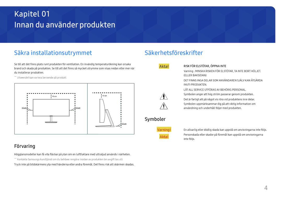 Samsung LC27H711QEUXEN manual Innan du använder produkten, Säkra installationsutrymmet, Säkerhetsföreskrifter, Förvaring 