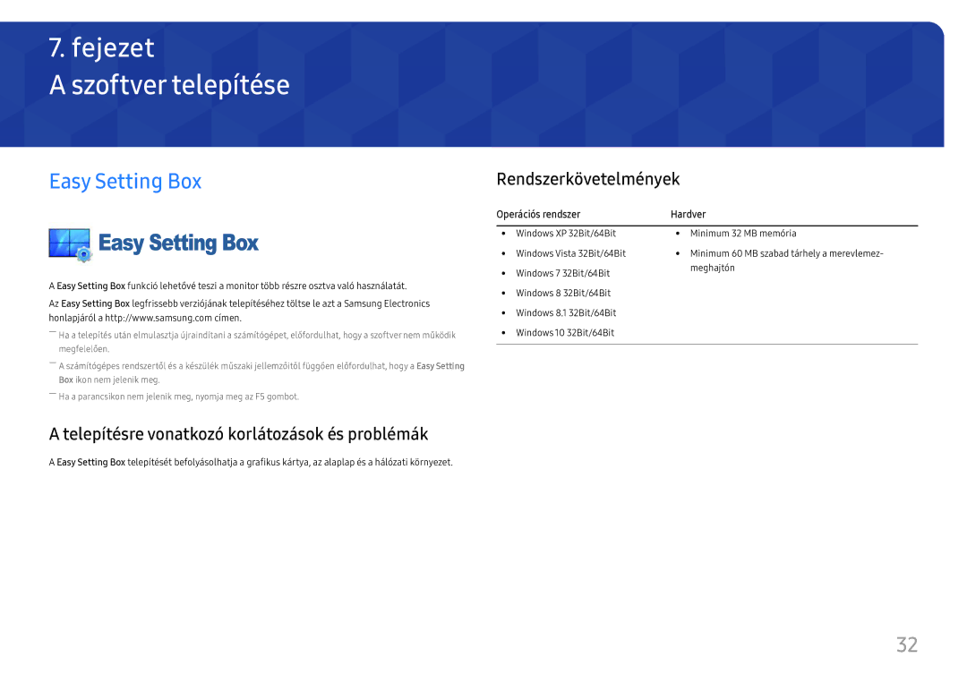 Samsung LC27H711QEUXEN, LC32H711QEUXEN manual Szoftver telepítése, Easy Setting Box, Rendszerkövetelmények 