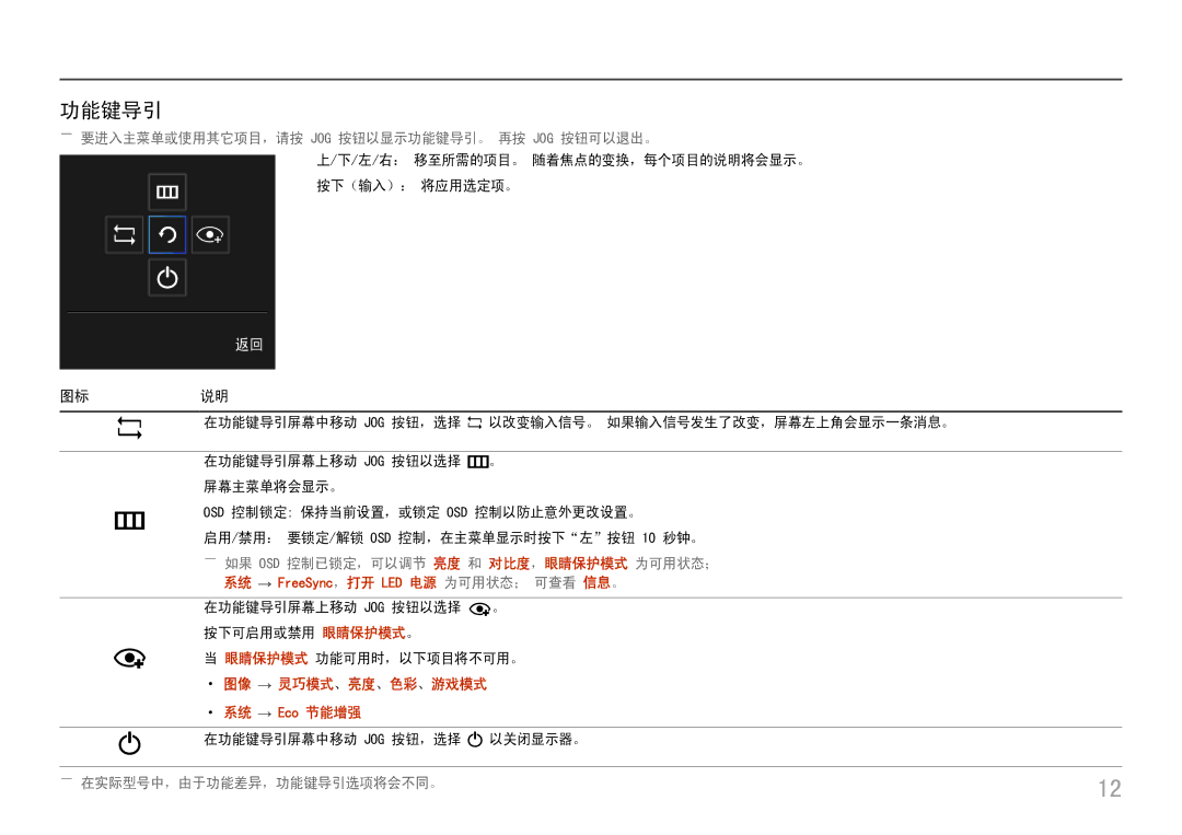 Samsung LC27H711QEUXEN, LC32H711QEUXEN manual 功能键导引, 图标说明 