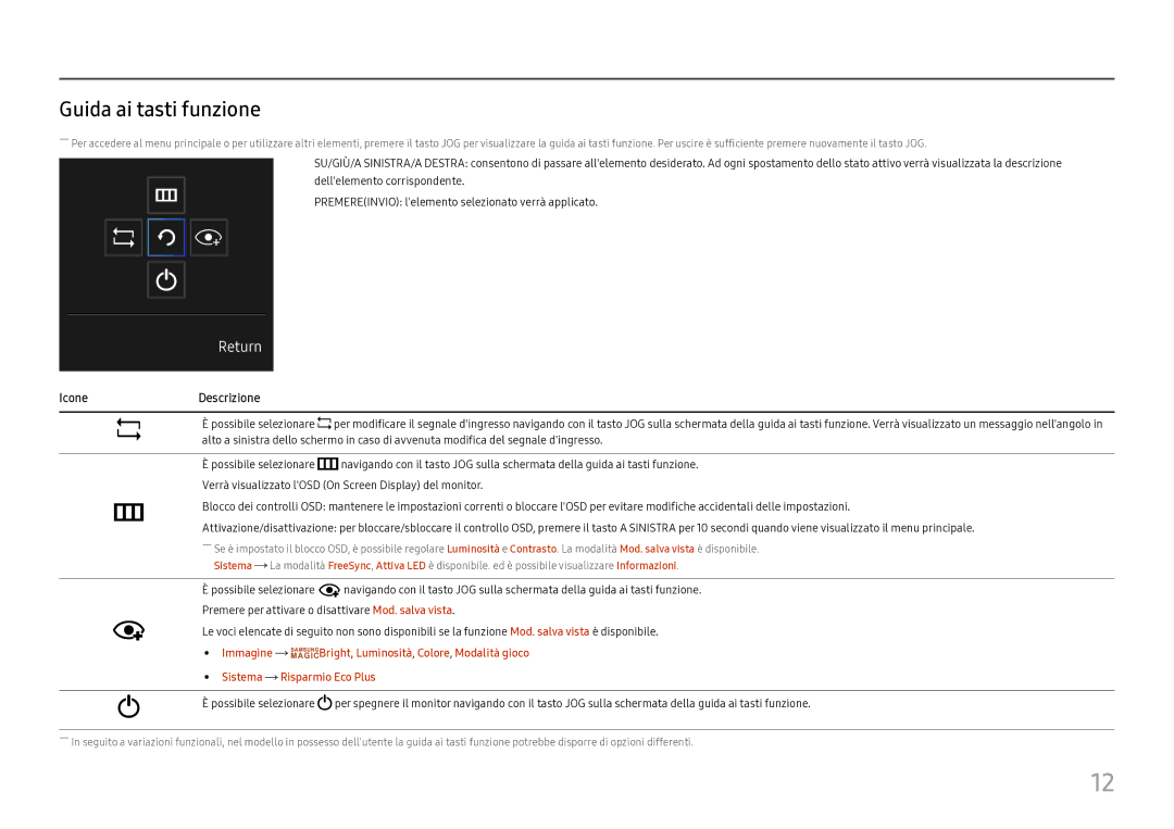 Samsung LC27H711QEUXEN manual Guida ai tasti funzione, IconeDescrizione 