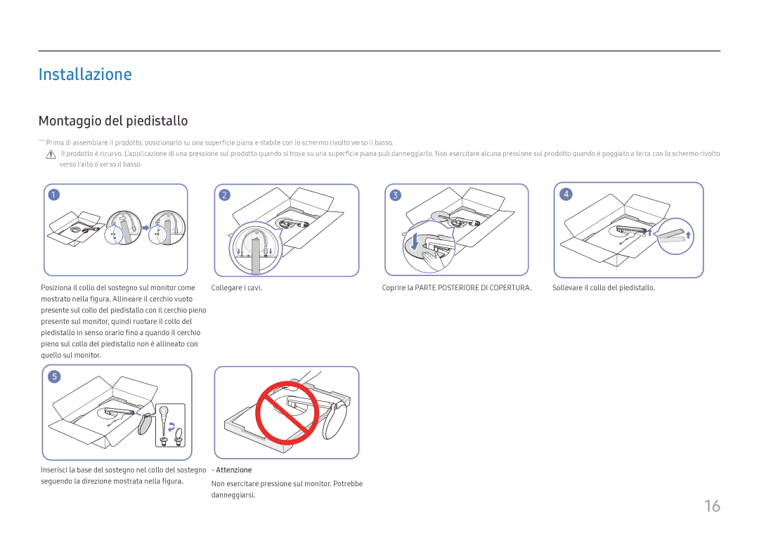 Samsung LC27H711QEUXEN manual Installazione, Montaggio del piedistallo 