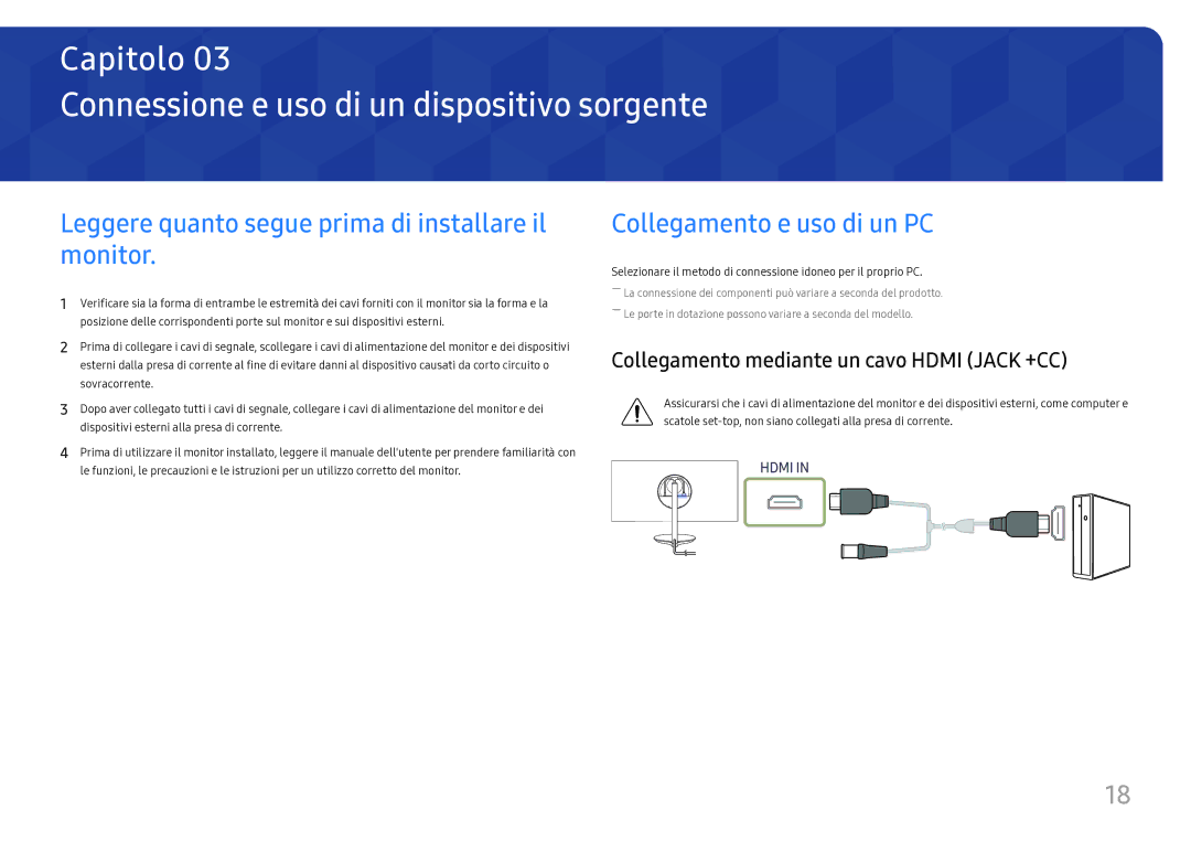 Samsung LC27H711QEUXEN Connessione e uso di un dispositivo sorgente, Leggere quanto segue prima di installare il monitor 