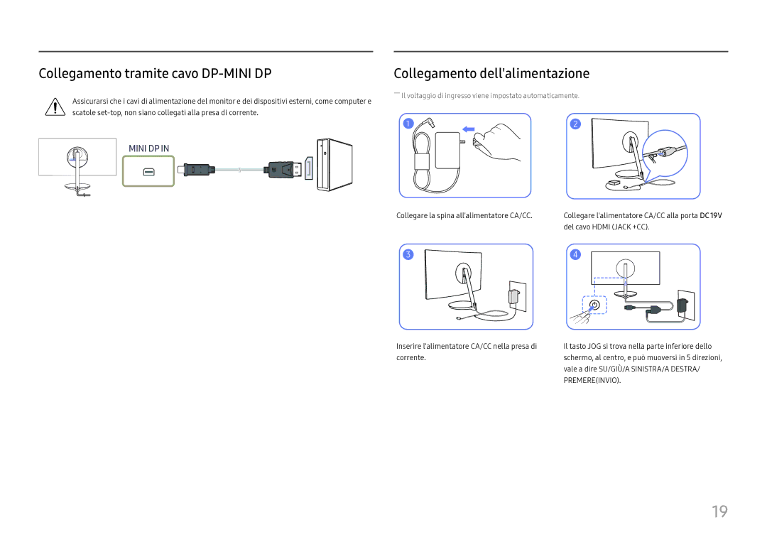 Samsung LC27H711QEUXEN manual Collegamento tramite cavo DP-MINI DP, Collegamento dellalimentazione 