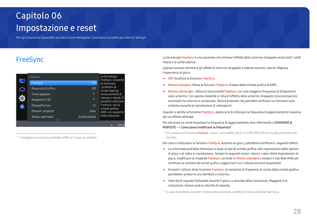 Samsung LC27H711QEUXEN manual Impostazione e reset, FreeSync 