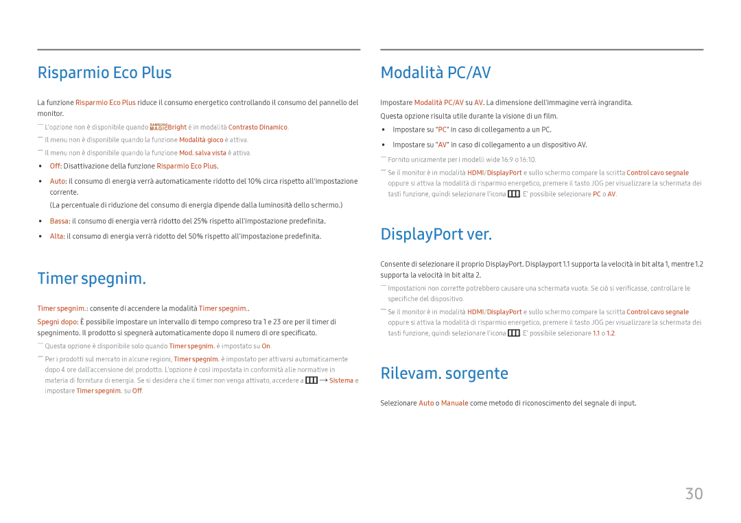 Samsung LC27H711QEUXEN manual Risparmio Eco Plus, Timer spegnim, Modalità PC/AV, DisplayPort ver, Rilevam. sorgente 
