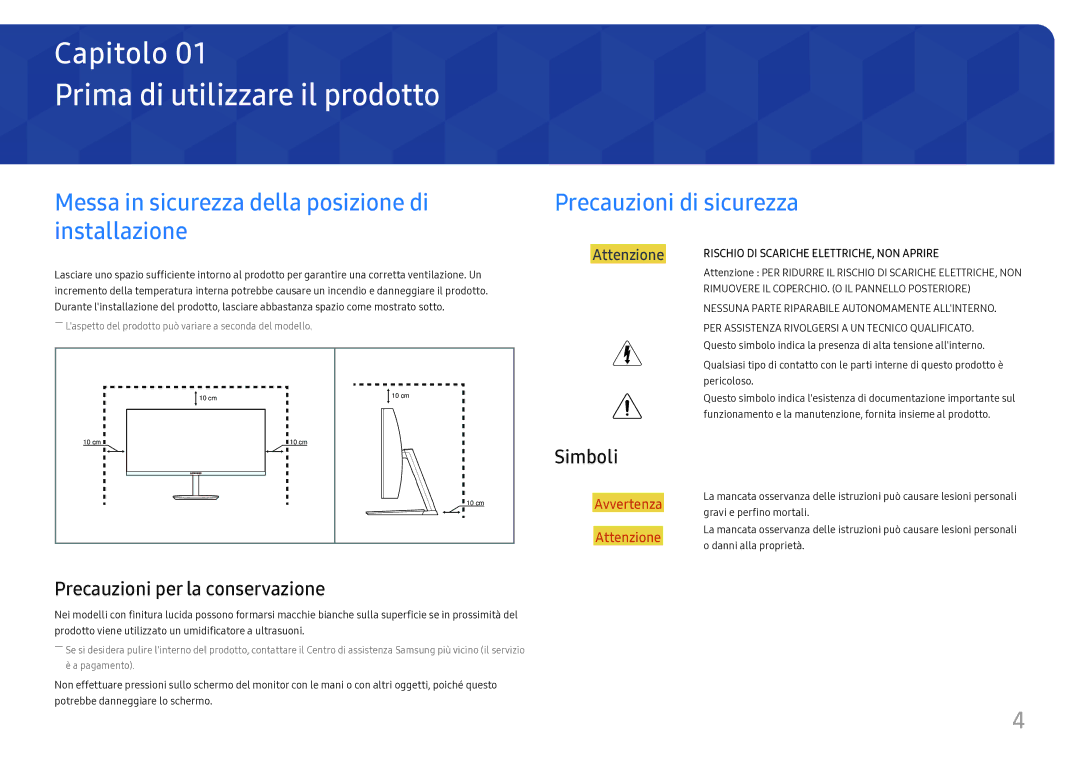 Samsung LC27H711QEUXEN manual Prima di utilizzare il prodotto, Precauzioni per la conservazione, Simboli 