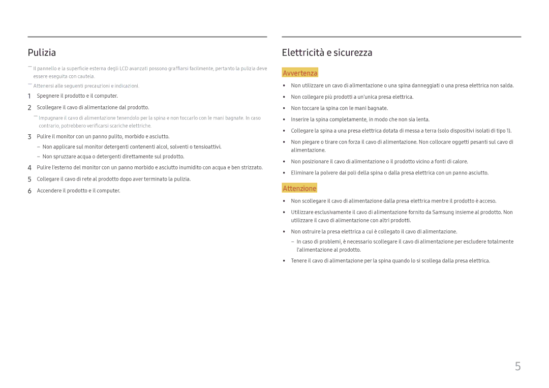 Samsung LC27H711QEUXEN manual Pulizia, Elettricità e sicurezza 