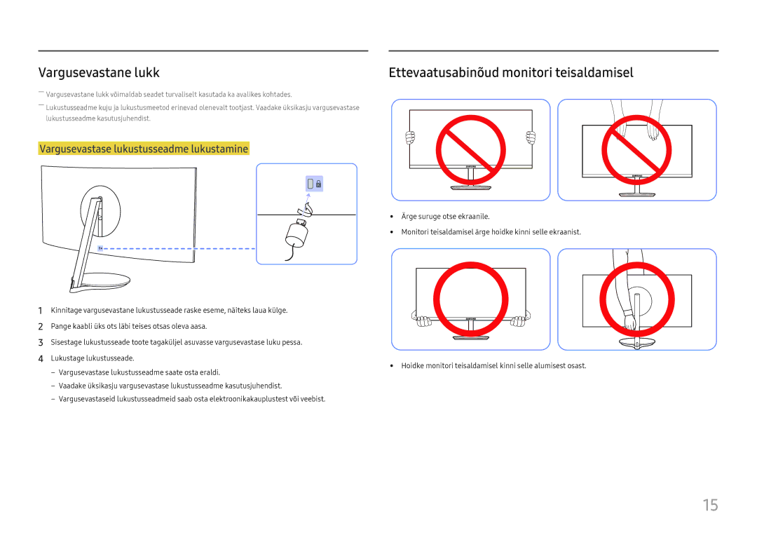 Samsung LC27H711QEUXEN manual Vargusevastane lukk, Ettevaatusabinõud monitori teisaldamisel 