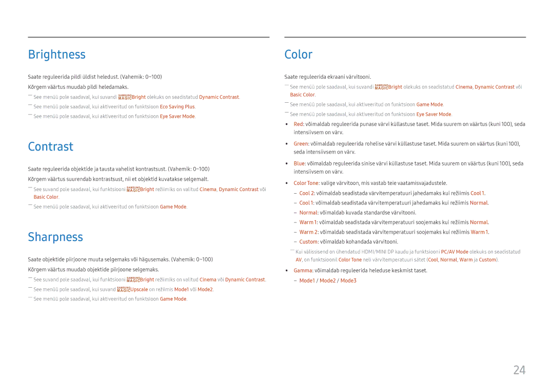 Samsung LC27H711QEUXEN manual Brightness, Contrast, Sharpness, Color 