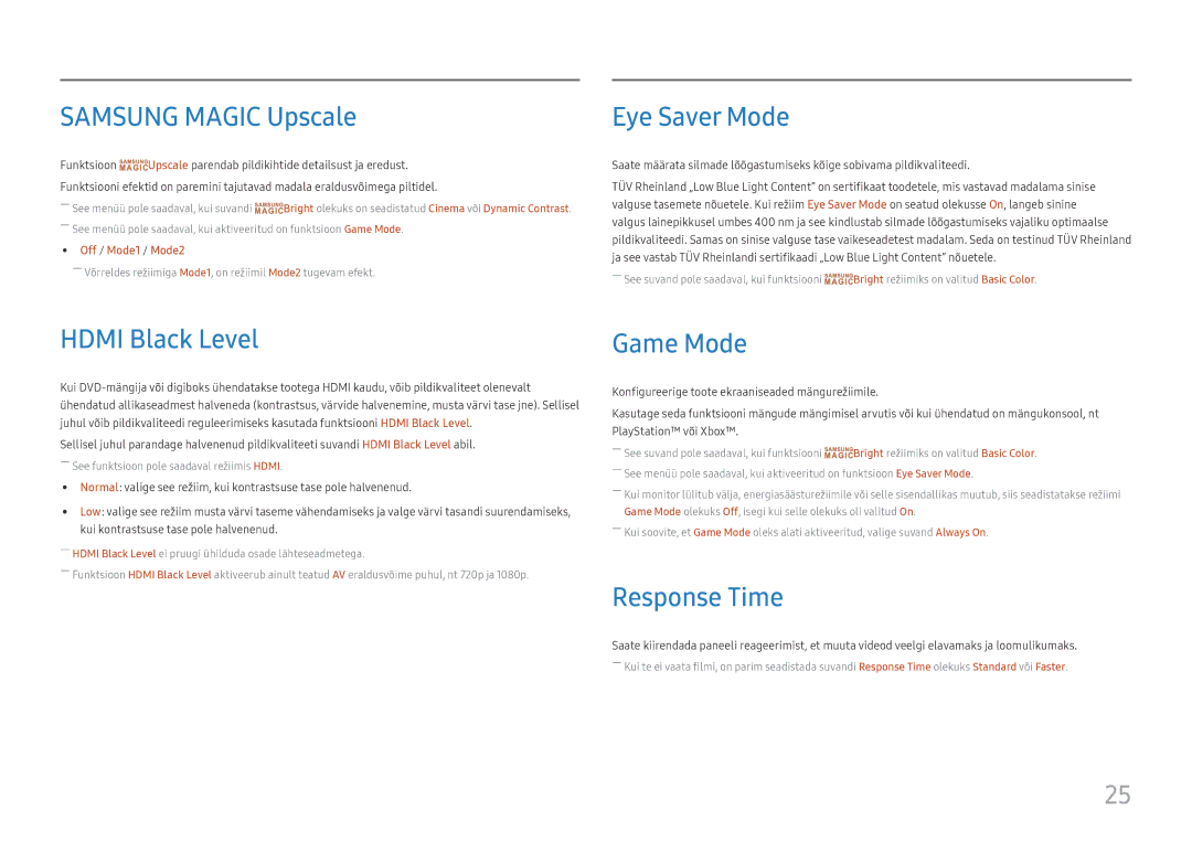 Samsung LC27H711QEUXEN manual Samsung Magic Upscale, Eye Saver Mode, Hdmi Black Level, Game Mode, Response Time 