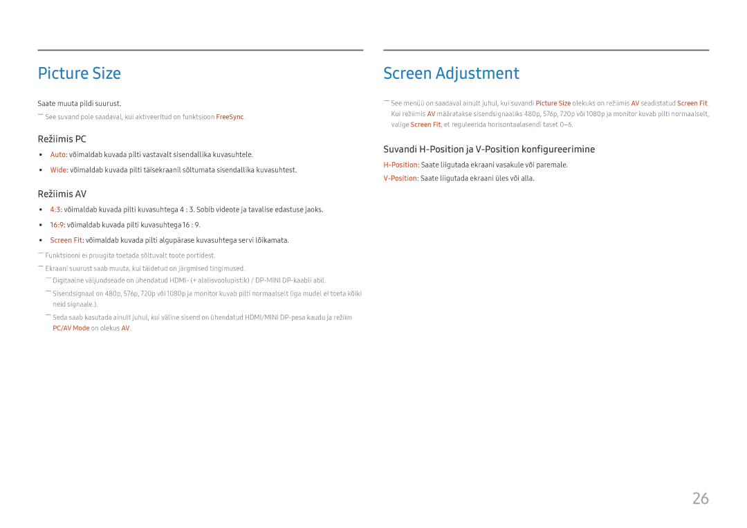 Samsung LC27H711QEUXEN manual Picture Size, Screen Adjustment 