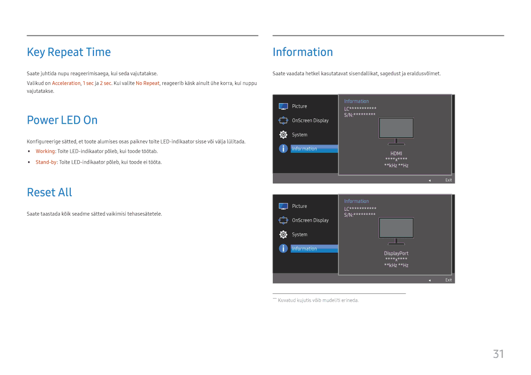 Samsung LC27H711QEUXEN manual Key Repeat Time, Information, Power LED On, Reset All 